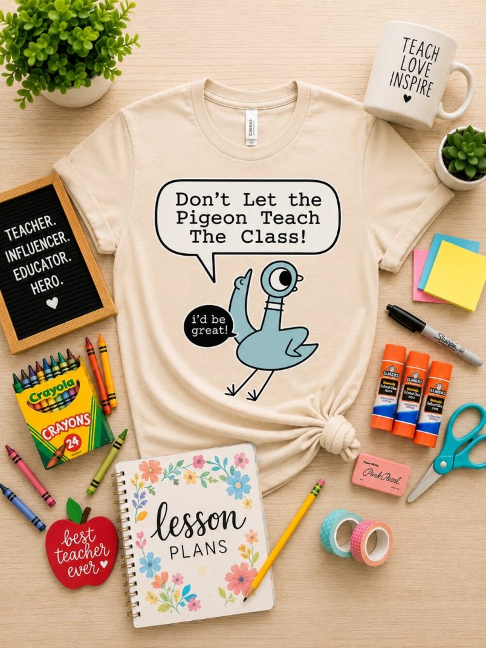Funny Elementary Teacher T- Shirt Don't Let the Pigeon Teach the Class Librarian